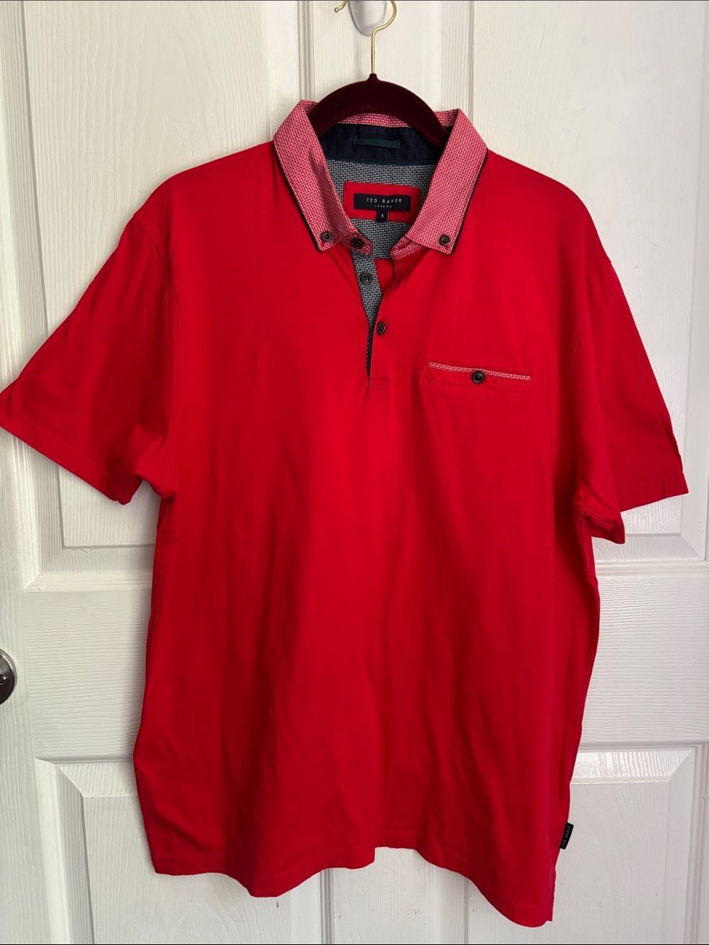 Ted Baker Bright Red Men’s Polo Shirt with Contrast Collar Size XL chest pocket